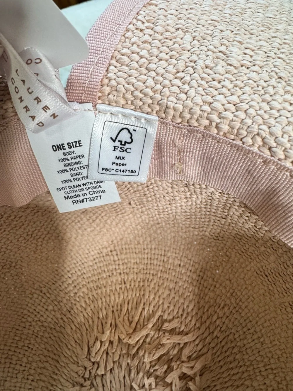 LC Lauren Conrad Blush Pink Wide Brim Sun Hat Bow Ponytail Opening NWT